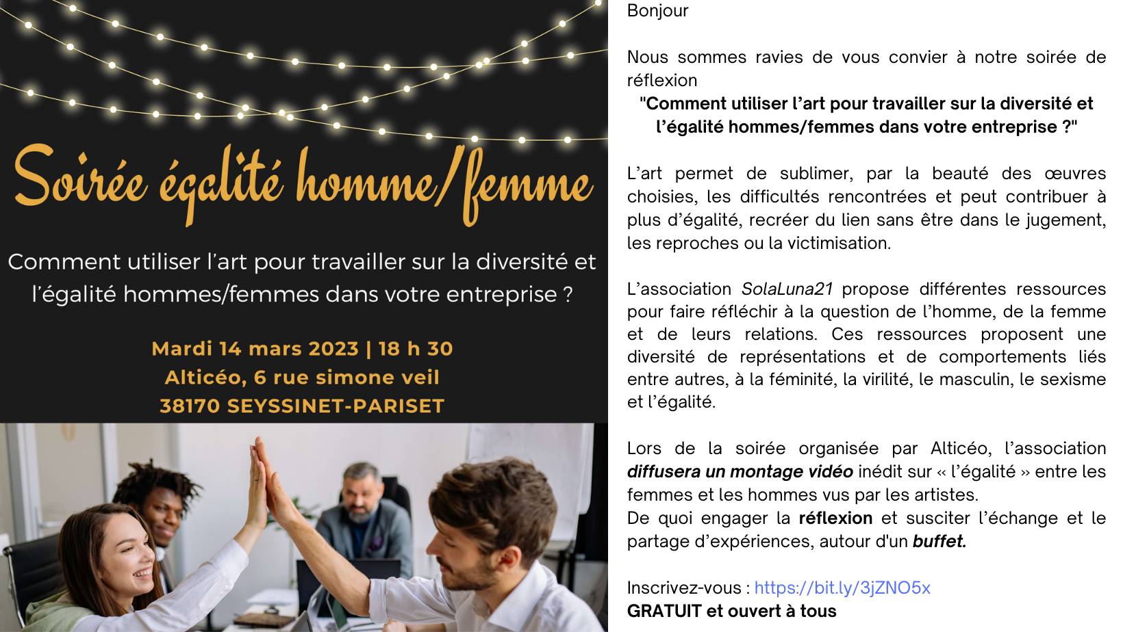 Flyer de la soirée égalité hommes femmes, organisé par Sola Luna 21 à Seyssinet Pariset